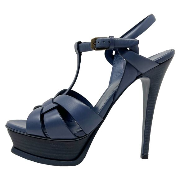 Saint Laurent Tribute Blue Leather Platform High Heels Sandals Size 38.5 - Picture 1 of 11